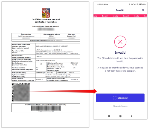 Obsah starho  okovacho certifiktu v podob PDF a po naten aplikac Coronapas
